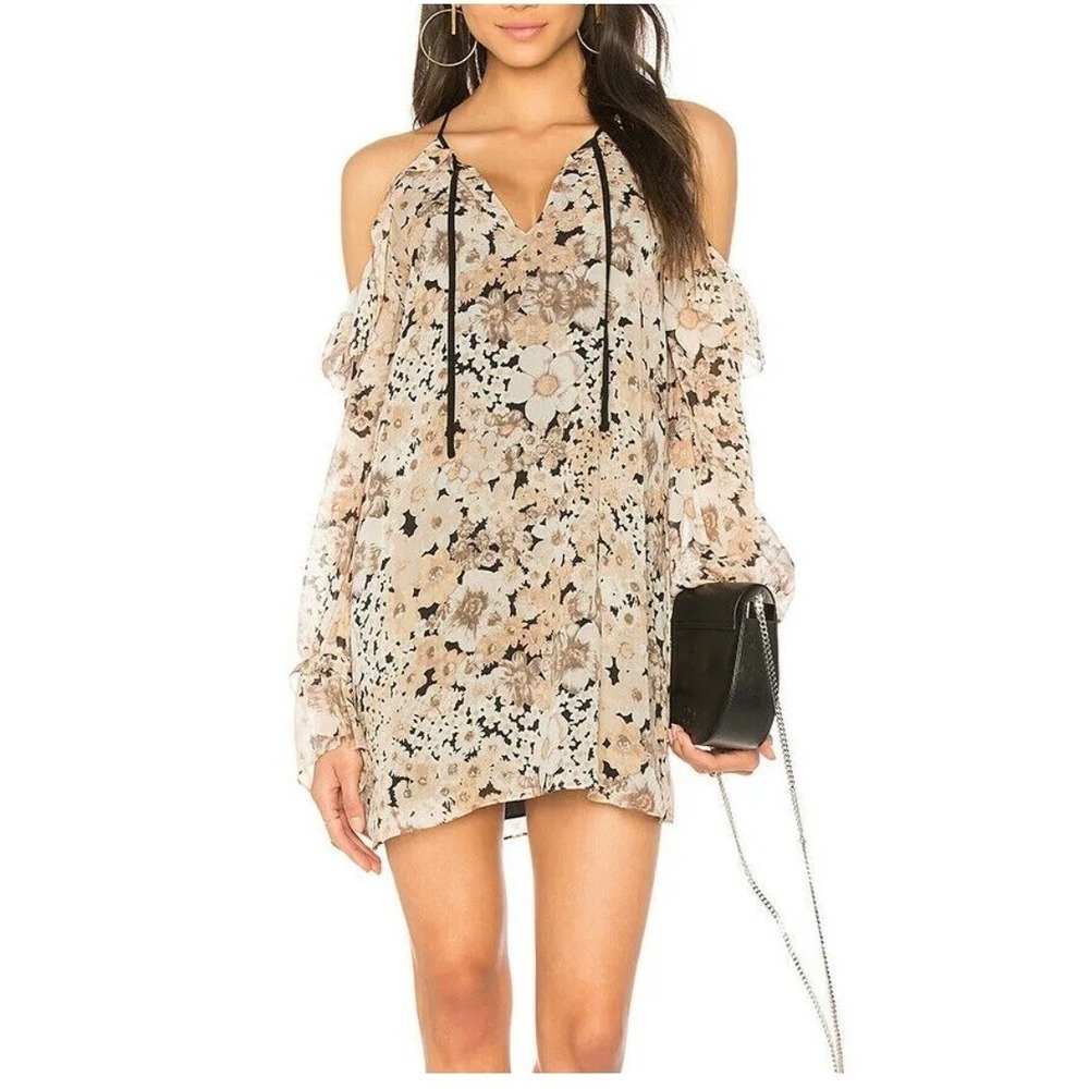 JOIE Amorita 100% Silk Ruffle Trim Peasant Cold‎ Shoulder Floral Dress XXS
